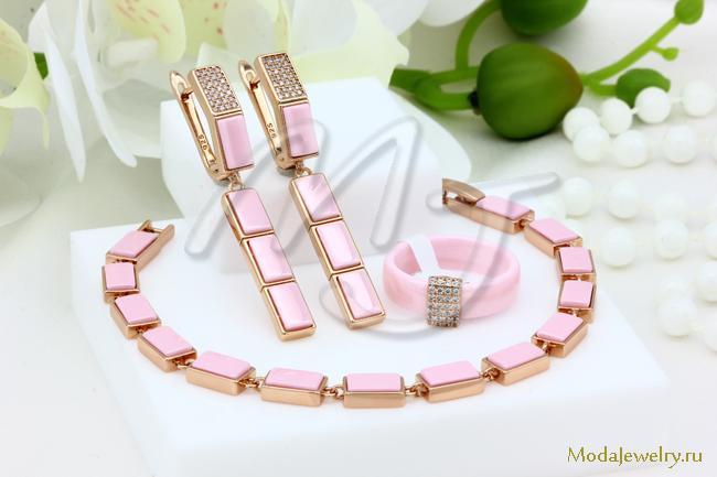 Серьги,кольцо и браслет розовая керамика CNS32416