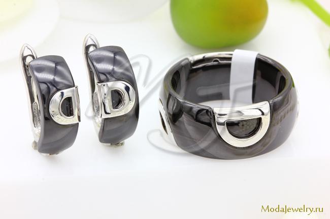 Серьги и кольцо керамика черная под серебро CN32425