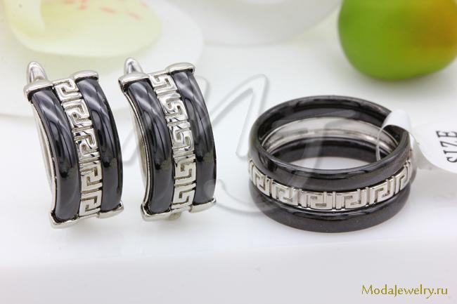 Серьги и кольцо керамика черная CN32426